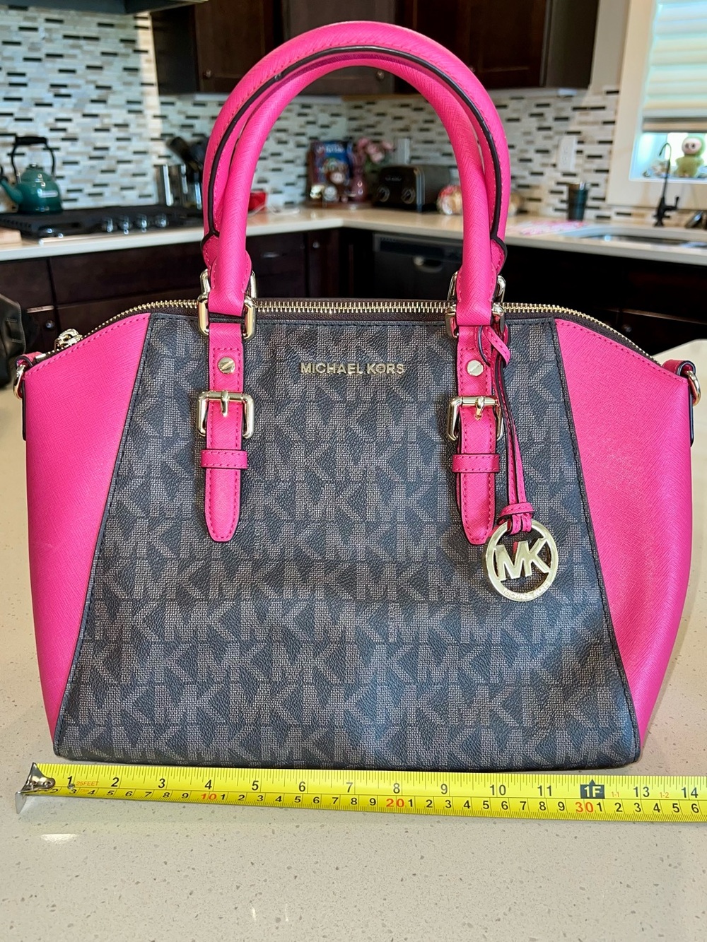 Michael Kors Pink and Brown Signature Satchel W/ Long Strap NEW WITH TAGS - Picture 4 of 15